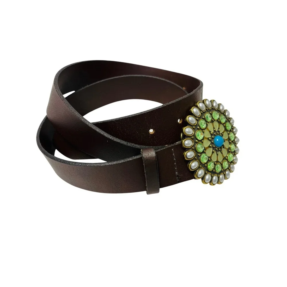 Gap Leather Belt M Brown Medallion Buckle Green Blue Jewels Boho Indie Eclectic